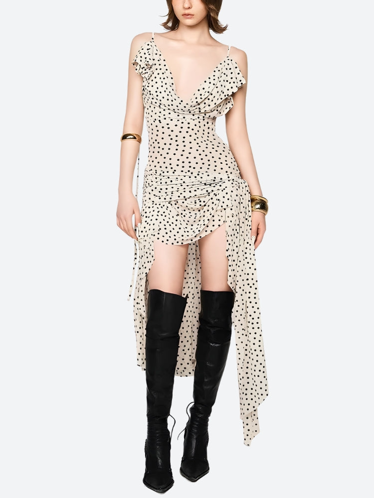 FJØRNA polka dot women's mini dress featuring a stylish party and day wear design, with a fitted silhouette and playful pattern.