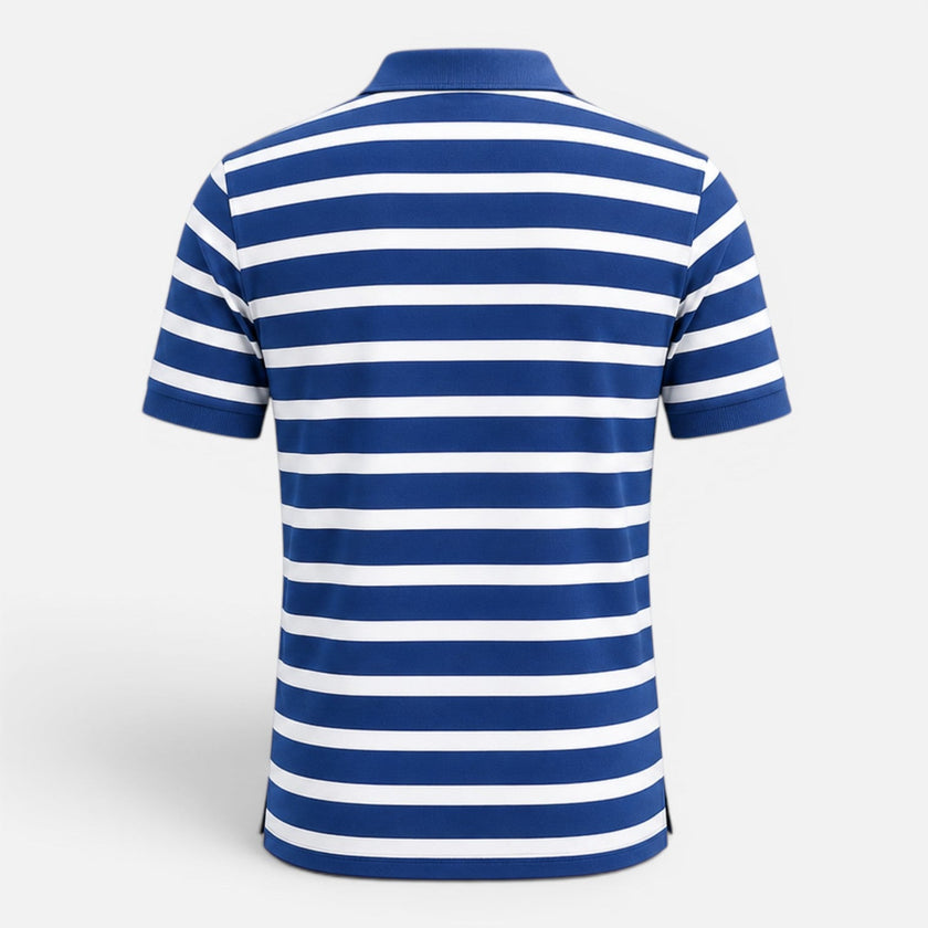 Men's FJØRNA striped polo shirt with breathable fabric, slim fit design, perfect for casual and smart occasions.