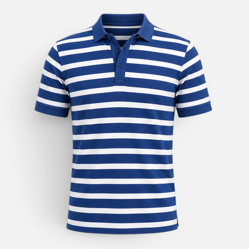 Men's FJØRNA striped polo shirt with breathable fabric, slim fit design, and classic style for casual wear.
