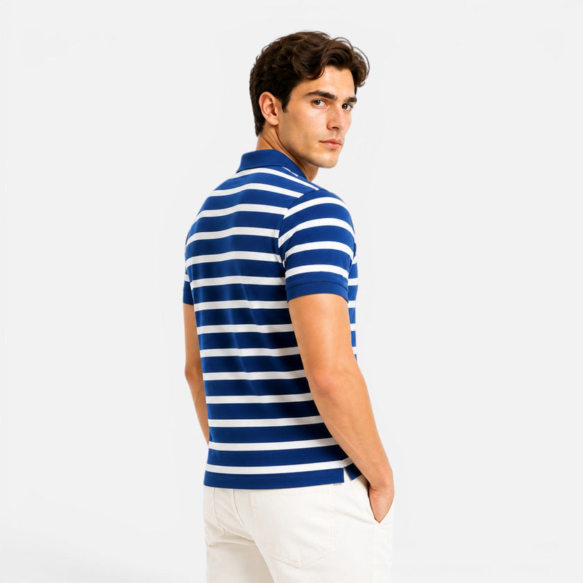 Men's FJØRNA striped polo shirt with breathable, comfortable fabric and slim fit design, perfect for casual style.