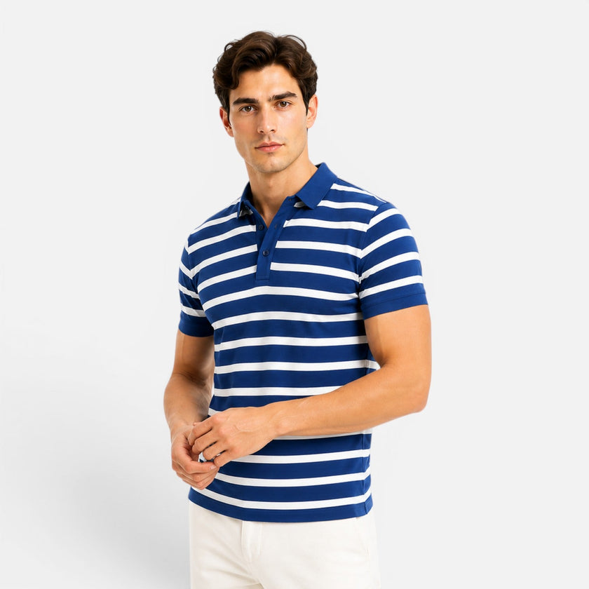 Men's FJØRNA striped polo shirt with breathable fabric, slim fit design, and comfortable fit, ideal for casual and smart-casual wear.