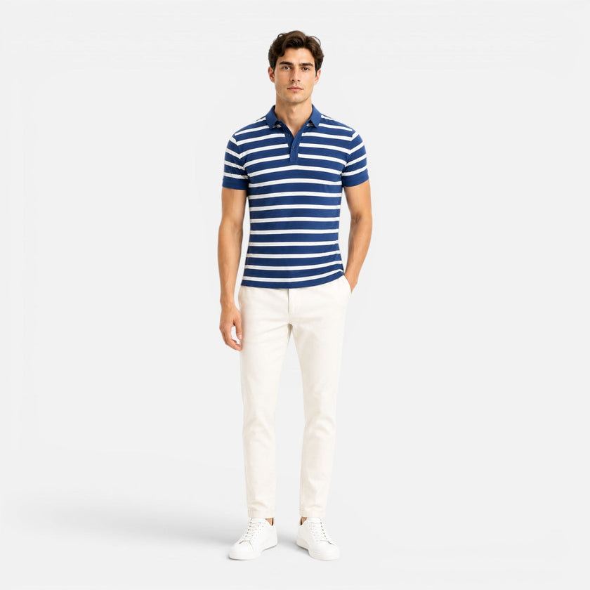 Men's FJØRNA striped polo shirt with breathable fabric, slim fit design, and classic style for casual wear.
