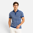 Men's breathable slim fit polo shirt with striped pattern by FJØRNA, showcasing the stylish design and comfortable fit.