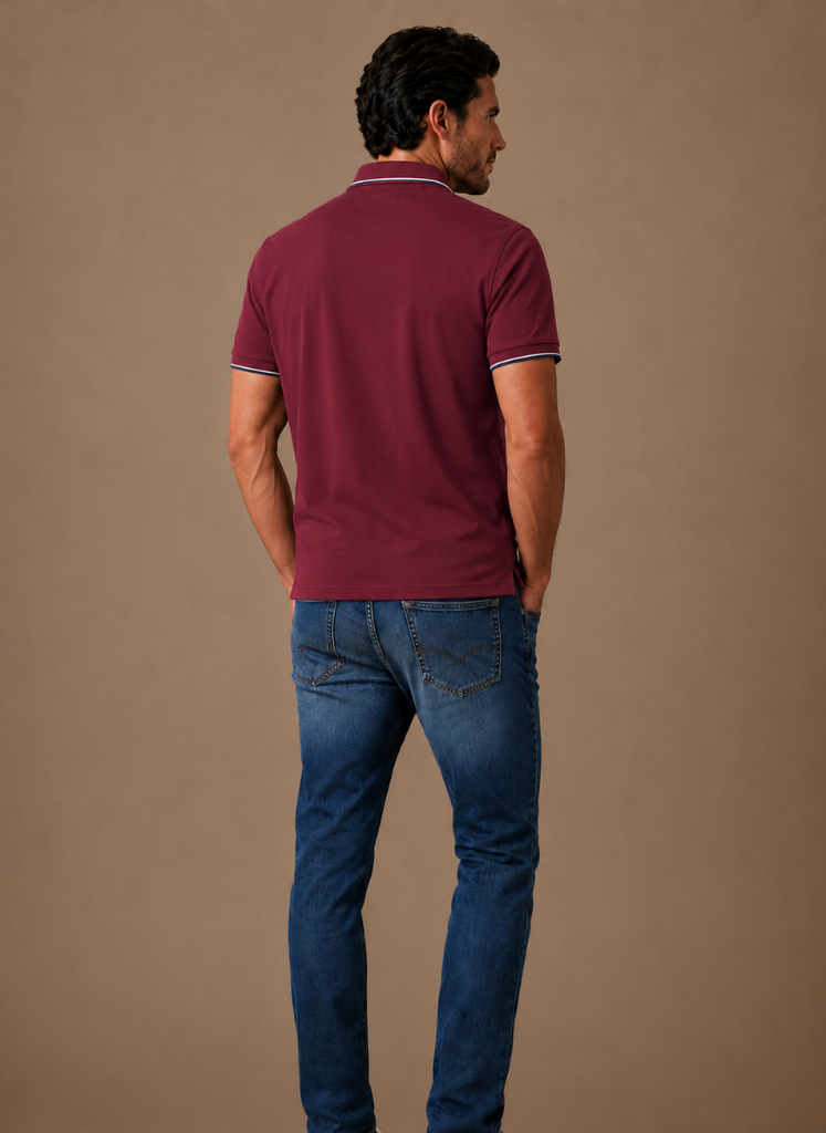 Men's classic tipped polo shirt by FJØRNA featuring cotton fabric, a smart casual design, and contrasting collar and sleeve tips.