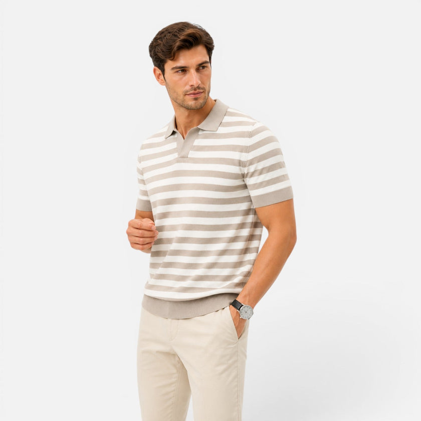 FJØRNA men's striped slim fit polo shirt in soft summer fabric, featuring a classic collar and short sleeves.