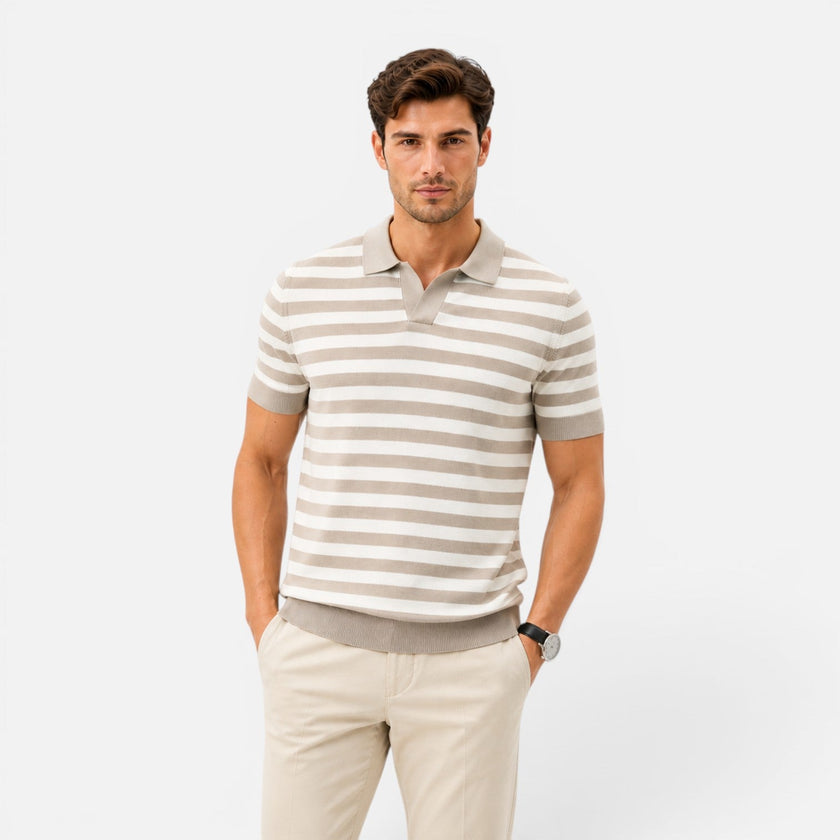 Men's striped slim fit polo shirt by FJØRNA, soft summer wear, featuring a classic collar and vibrant stripe pattern.