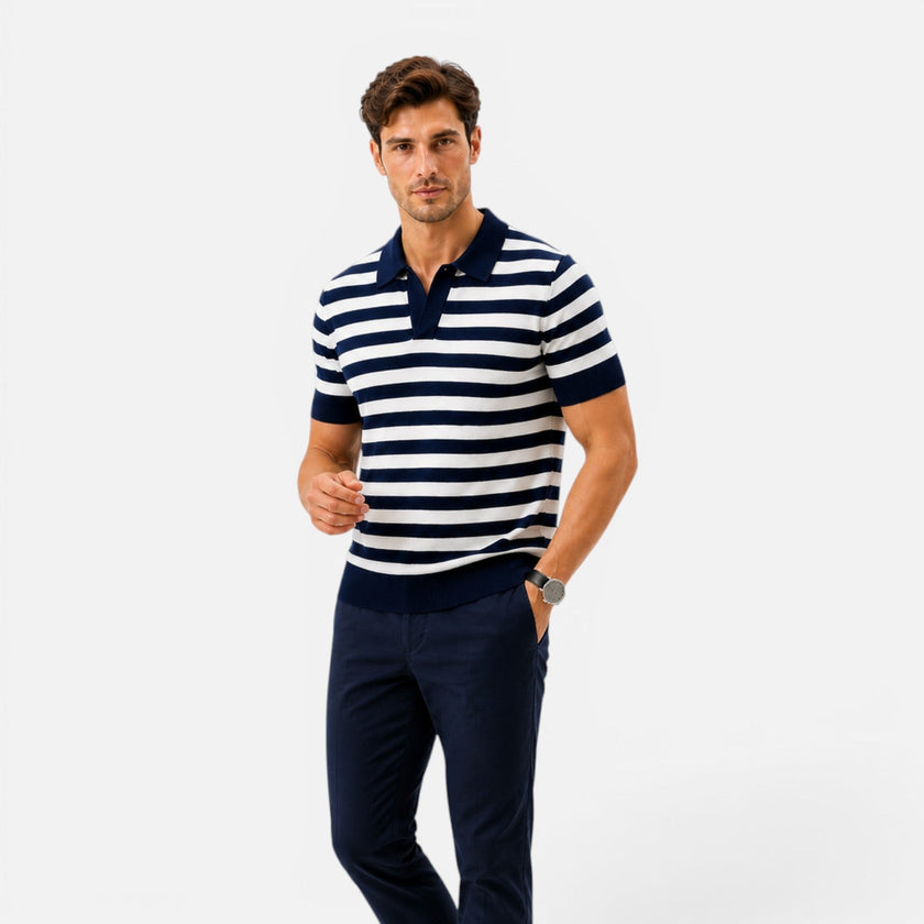 Men's striped slim fit polo shirt by FJØRNA, soft summer wear, made of lightweight fabric, featuring classic collar and short sleeves.