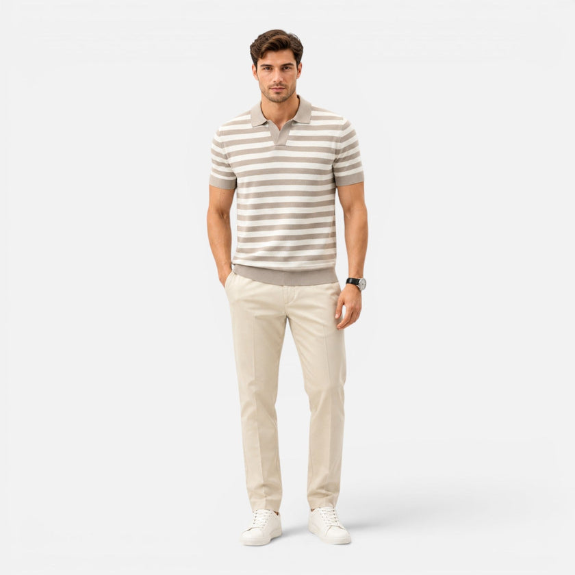 Men's FJØRNA striped slim fit polo shirt in soft summer fabric, featuring a classic collar and short sleeves.