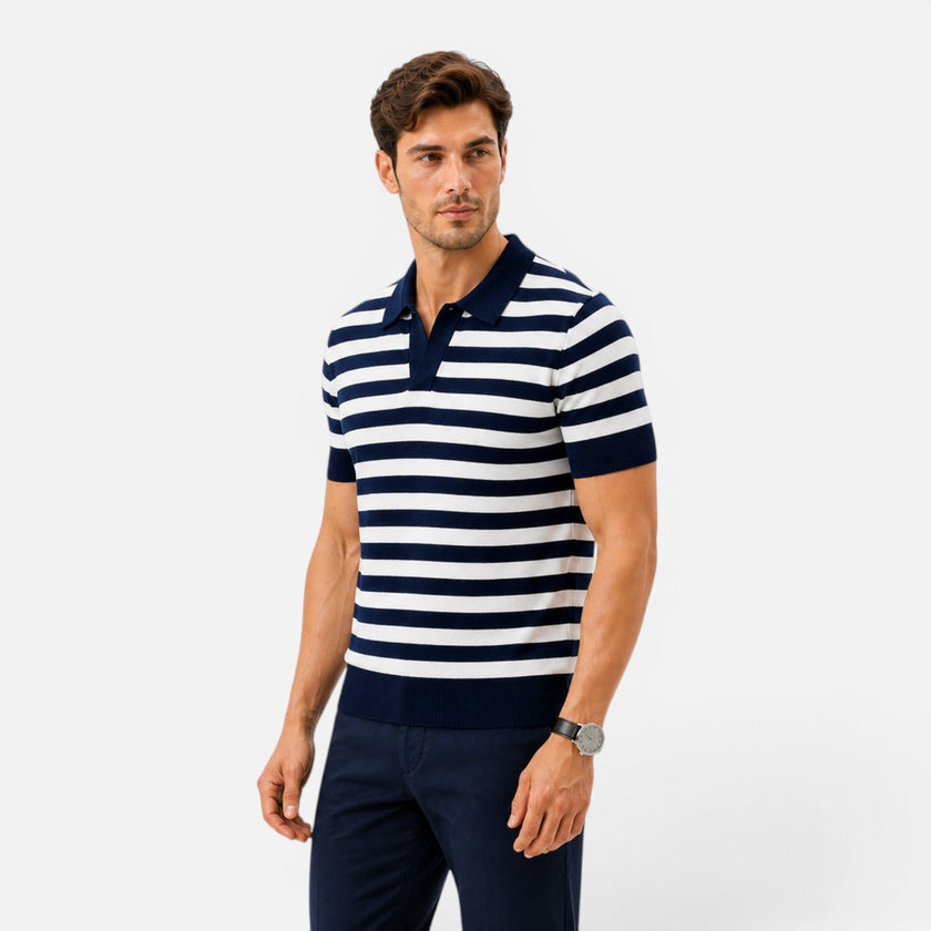 Men's FJØRNA striped slim fit polo shirt, soft summer wear, featuring a classic collar and short sleeves, ideal for casual outfits.