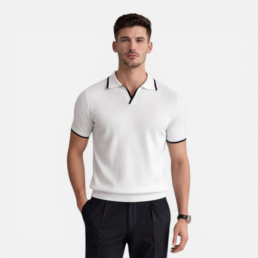 Men's slim fit summer polo shirt by FJØRNA, lightweight and breathable knit fabric, shown in a relaxed fit.