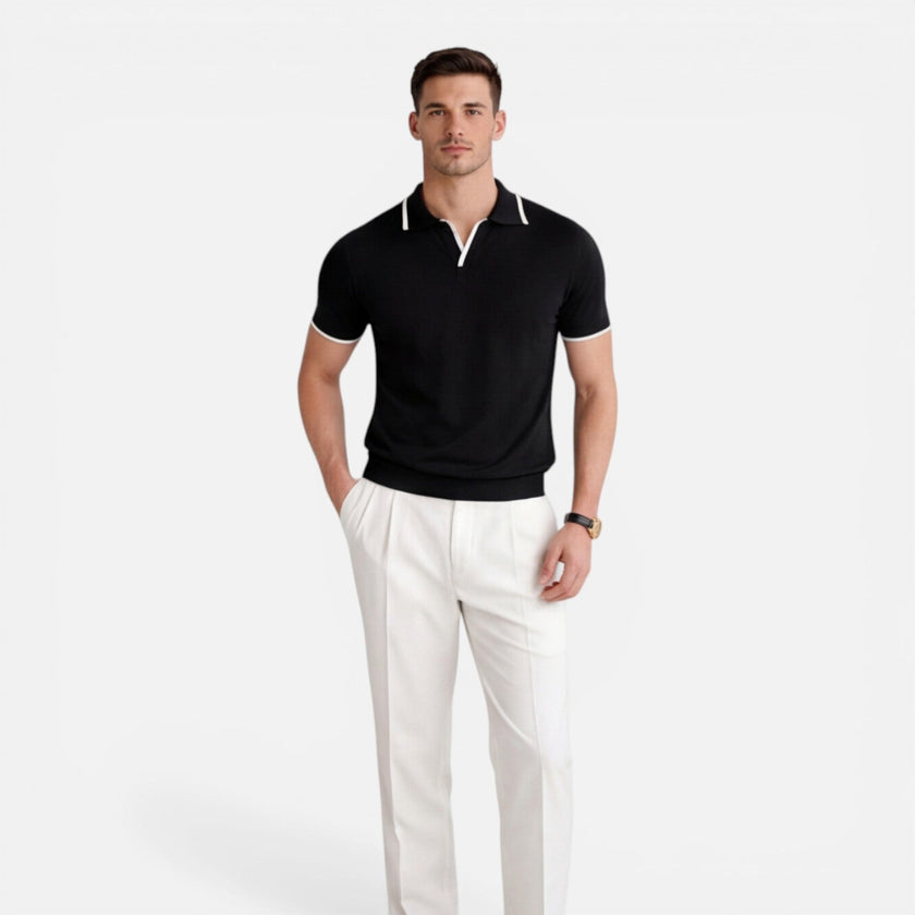 Men's slim fit summer polo shirt by FJØRNA, lightweight and breathable knit fabric, perfect for warm weather.