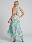 FJØRNA women's summer midi dress with a floral pattern, halter neck, sleeveless design, and pleated details.