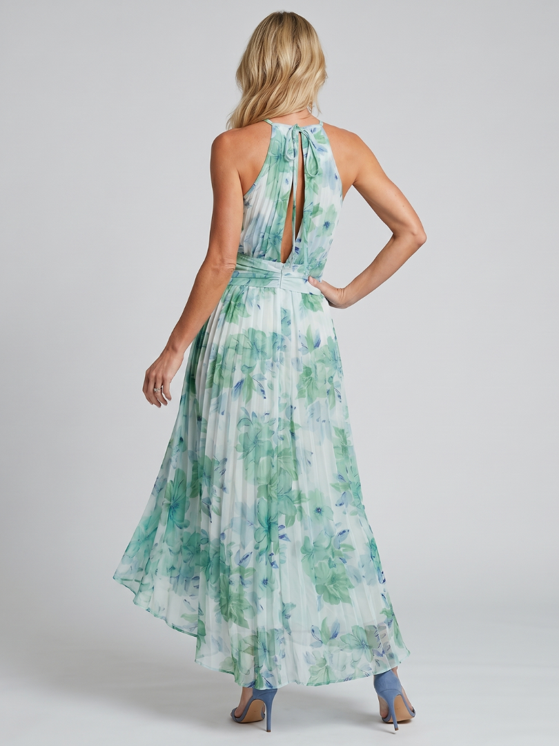 FJØRNA women's summer midi dress with a floral pattern, halter neck, sleeveless design, and pleated details.