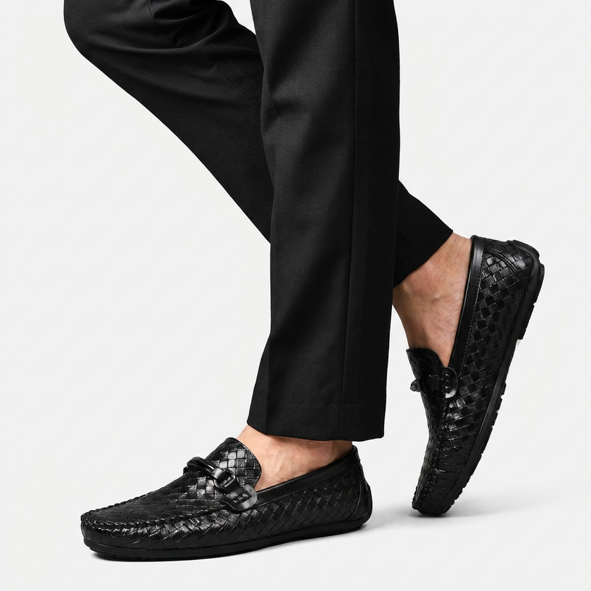 Men's woven leather slip-on driving loafers by FJØRNA in premium black, showcasing stylish woven design and sleek slip-on style.