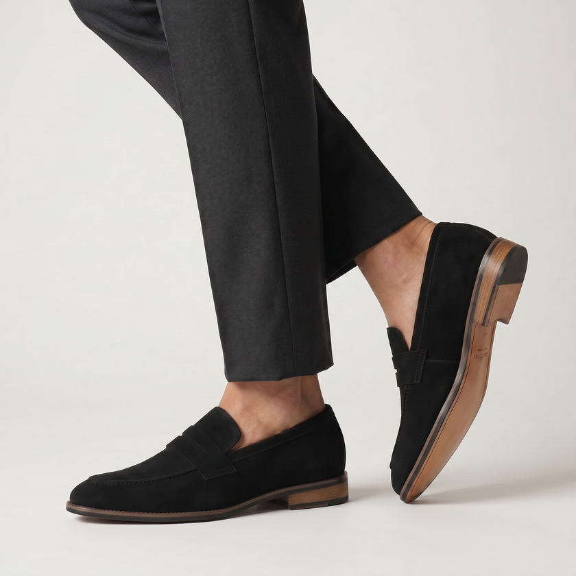 FJØRNA men's elegant suede summer slip-on loafers paired with office pants, showcasing stylish men's footwear for summer.