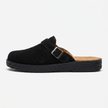 Side profile of men's FJØRNA PU leather mule clogs with buckle strap, slip-on casual flat shoes for men.