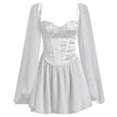 White princess corset dress by FJØRNA, featuring a fitted bodice and flowing skirt, perfect for elegant or Y2K-inspired looks.