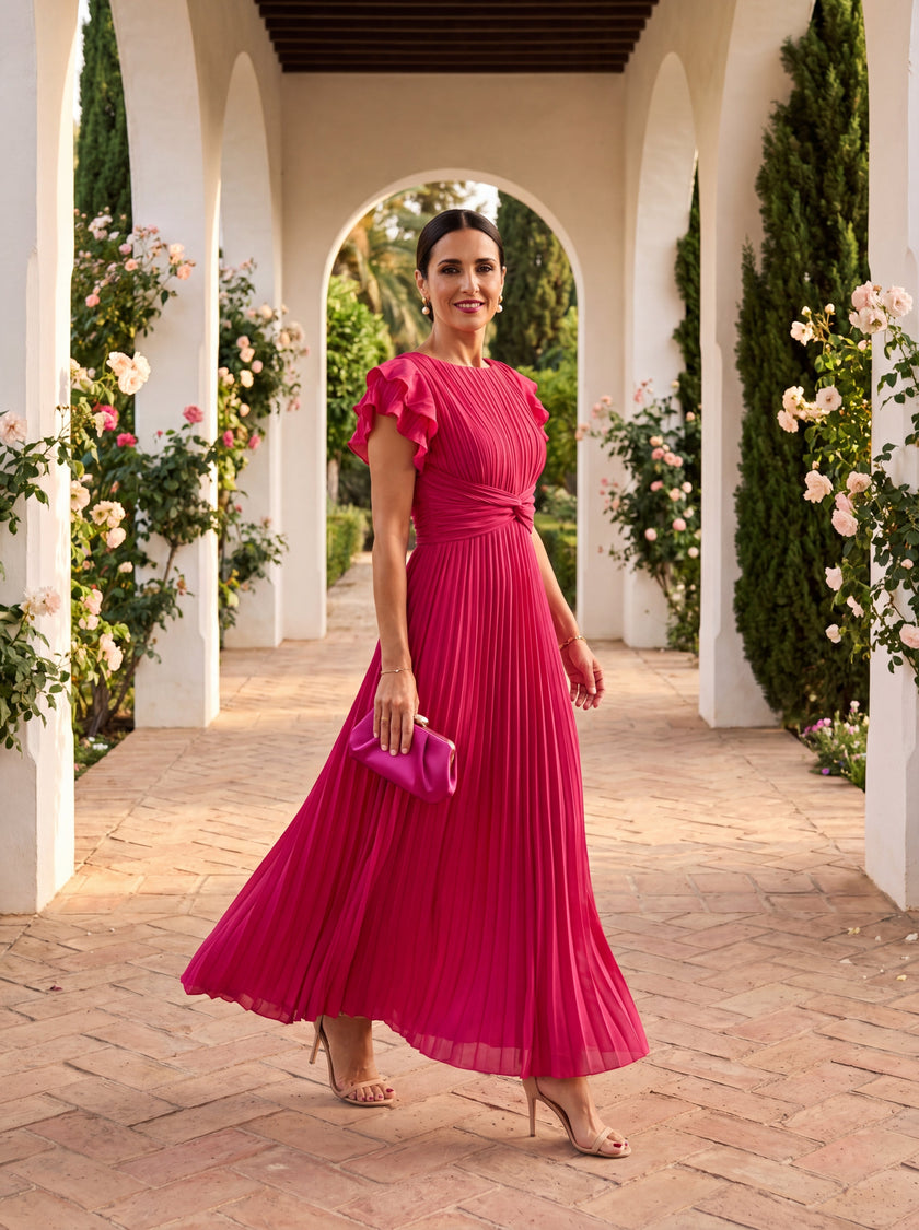 FJØRNA elegant mini dress for women with pleated design, suitable for evening and formal occasions, shown in a high-fashion editorial style.