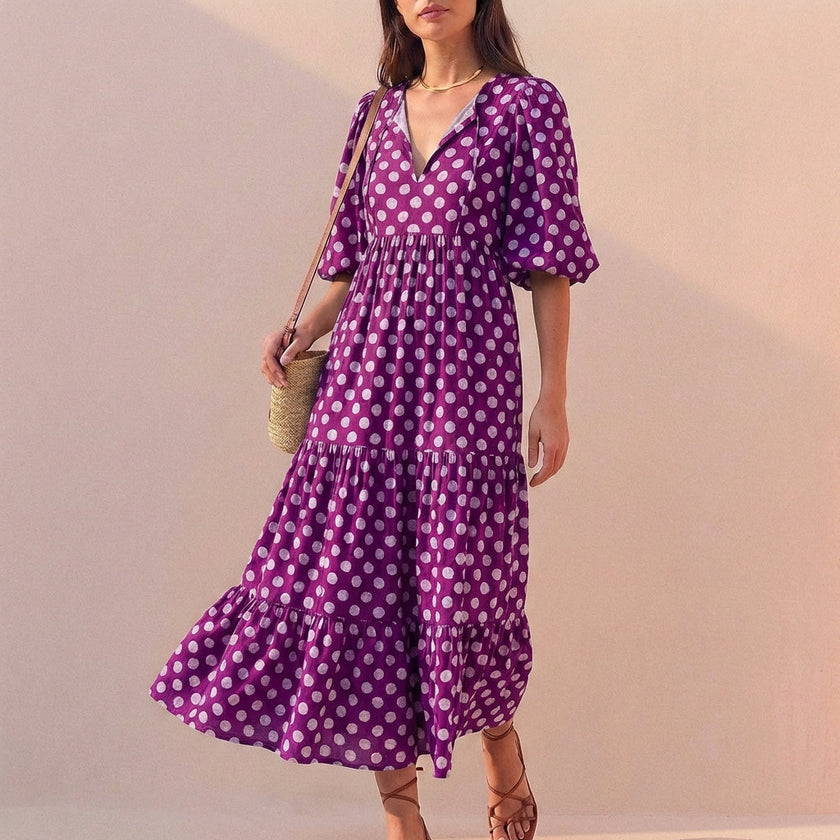 FJØRNA purple flowing V-neck midi dress with puff sleeves and tiered skirt, elegant and stylish for special occasions