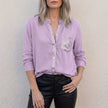 Purple V-neck denim summer blouse for women with button front, casual top by FJØRNA, stylish and lightweight for warm weather.