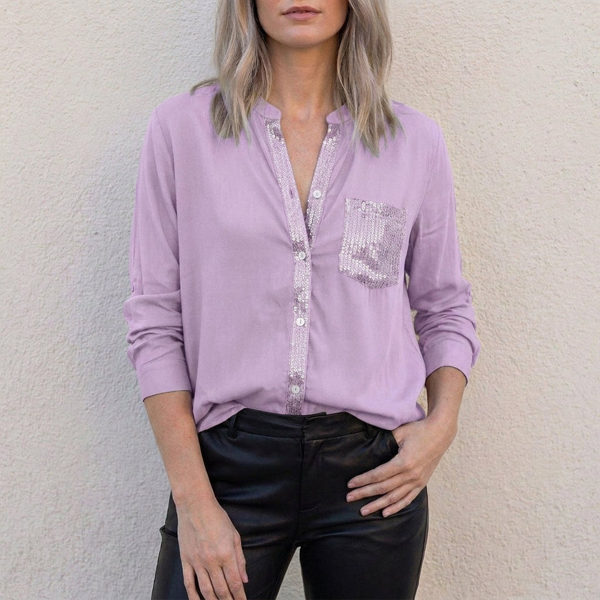 Purple V-neck denim summer blouse for women with button front, casual top by FJØRNA, stylish and lightweight for warm weather.