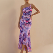 FJØRNA purple fitted one-shoulder mesh overlay maxi dress with ruched detail, showcasing elegant design and flowing fabric.