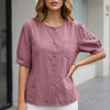 Purple women's summer blouse by FJØRNA with short sleeves, linen fabric, and chest pockets, perfect for warm weather.
