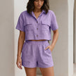 FJØRNA purple button front pocket shirt and shorts lounge set, 2-piece casual sleepwear with front pockets and relaxed fit.