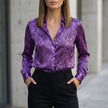 FJØRNA women's purple print summer blouse with long sleeves, lightweight and stylish for warm weather.