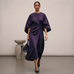 FJØRNA purple batwing sleeve wrap front belted maxi dress with slit, elegant long dress for formal or casual wear.