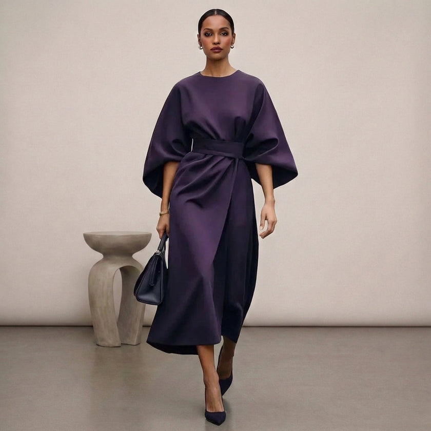 FJØRNA purple batwing sleeve wrap front belted maxi dress with slit, elegant long dress for formal or casual wear.