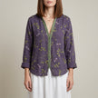 Purple floral summer blouse for women by FJØRNA, V-neck long sleeve linen top with a relaxed fit.
