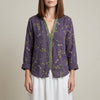 Purple floral summer blouse for women by FJØRNA, V-neck long sleeve linen top with a relaxed fit.