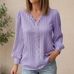 FJØRNA women's purple V-neck pullover blouse with lace trim and pintuck texture, casual stylish top for women.