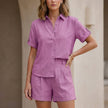 FJØRNA purple coastal ease 2-piece button-up shirt and relaxed shorts set, casual summer clothing for women.