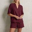 FJØRNA women's summer two-piece co-ord set in purplish-red with pockets and V-neck design, casual stylish women's clothing.