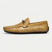 Men's woven leather slip-on driving loafers by FJØRNA, showcasing stylish woven design and smooth leather finish.