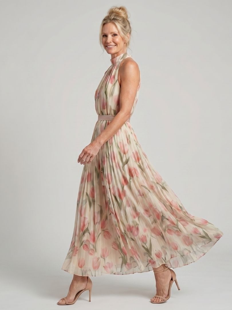 FJØRNA women's floral halter neck midi dress with a relaxed fit, perfect for summer occasions.
