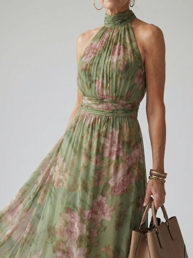 FJØRNA women's summer maxi dress with floral print, halter neck, sleeveless, lightweight fabric, perfect for warm weather.