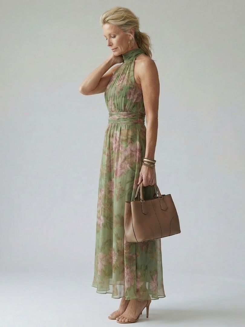FJØRNA women's summer maxi dress with floral print, halter neck, sleeveless design, lightweight fabric, perfect for warm weather.