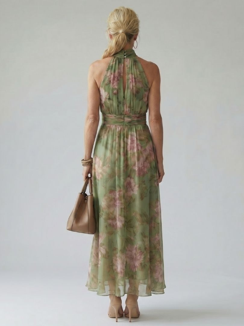 FJØRNA women's floral summer maxi dress with halter neck, gathered design, perfect for warm weather and casual outings.
