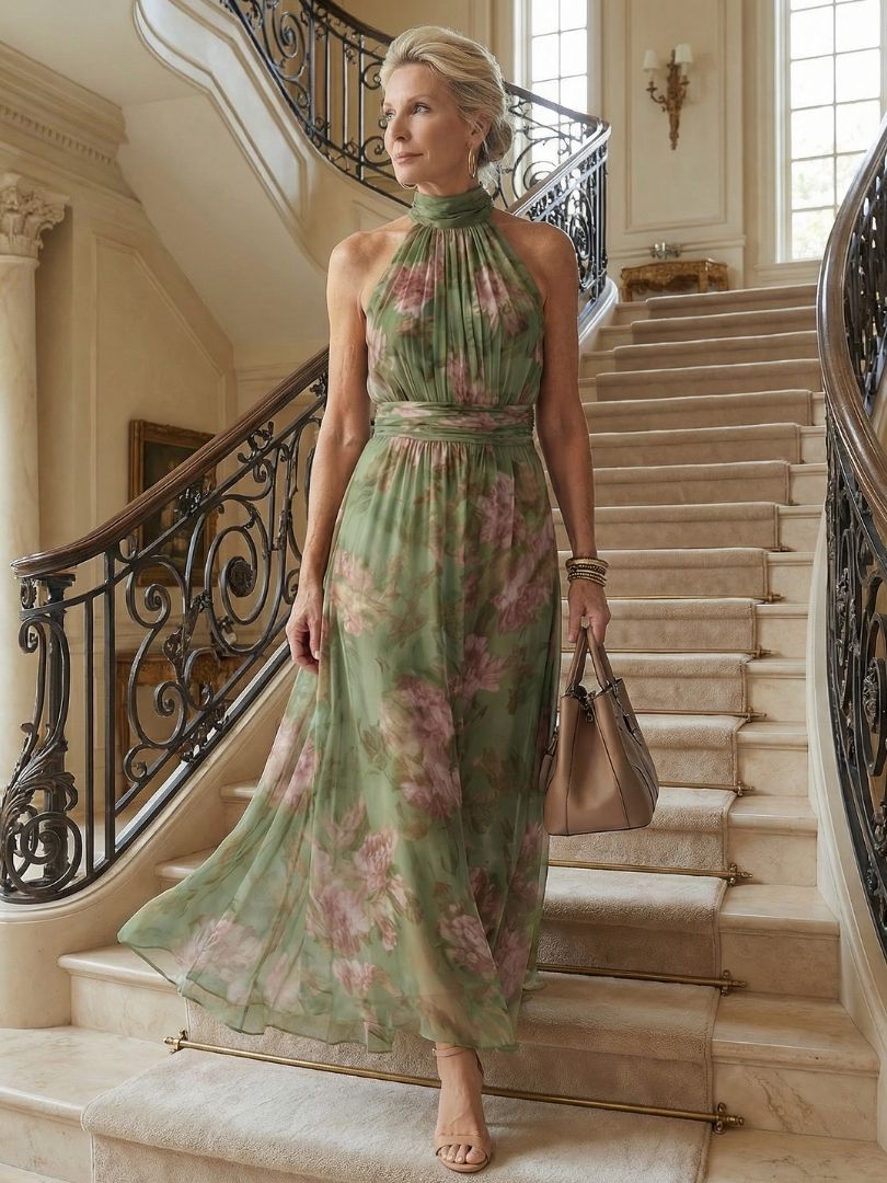 FJØRNA women's floral summer maxi dress with halter neck, sleeveless design, lightweight fabric, gathered waist, and vibrant floral pattern.
