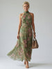 FJØRNA women's floral halter neck summer maxi dress, gathered midi style, featuring a relaxed fit and vibrant floral pattern.