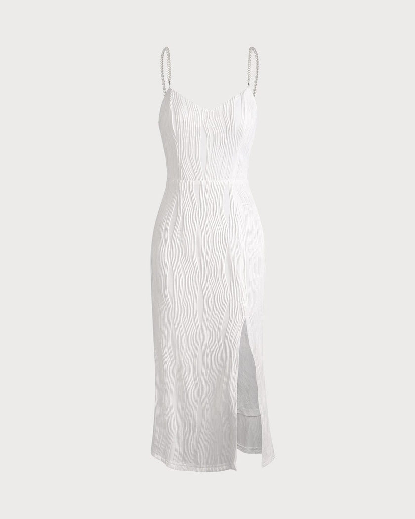 Red midi dress for women by FJØRNA with pearl straps and textured fabric, shown on a model.