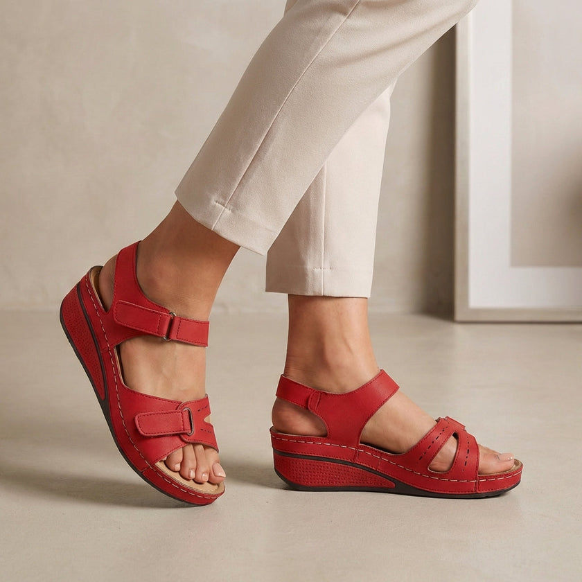 Red FJØRNA orthopedic open toe wedge heel sandals with comfort fit, featuring a supportive wedge design and stylish open toe style.