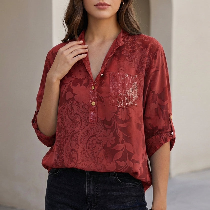 Red floral V-neck denim blouse for women by FJØRNA, featuring a stylish summer top with short sleeves and lightweight fabric.