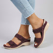 Red FJØRNA women’s orthopedic heeled sandals with wedge heel and adjustable strap, featuring stylish and supportive footwear.