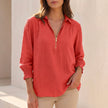 Red V-neck long sleeve linen summer blouse for women by FJØRNA, featuring a stylish and breathable design.