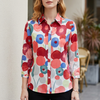 FJØRNA women's summer blouse with floral pattern, long sleeves, denim fabric in red, casual stylish top for warm weather.