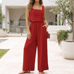 Red linen blend cropped top and wide-leg pant set by FJØRNA, stylish 2-piece ensemble with relaxed fit and comfortable fabric.